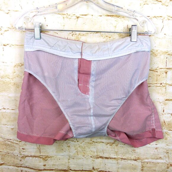 Parke & Ronen Swim Trunk Shorts Mens 30 X 4 Red Gingham Mesh Brief Retro Mod - Picture 11 of 12